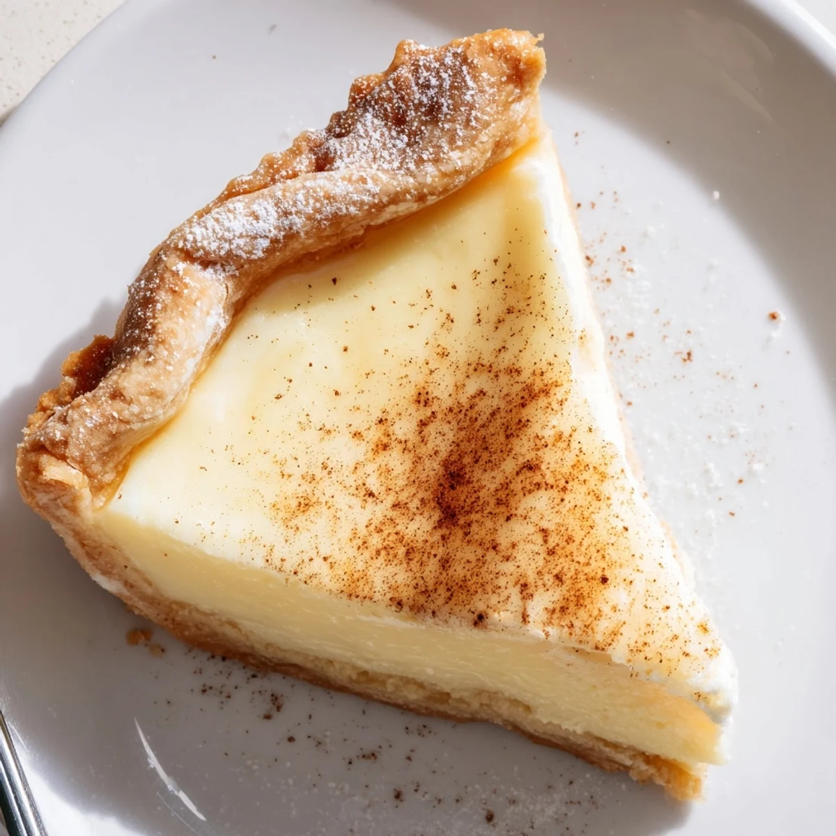 A slice of Christmas Eve Custard Pie With Cinnamon Vanilla, chilled, creamy