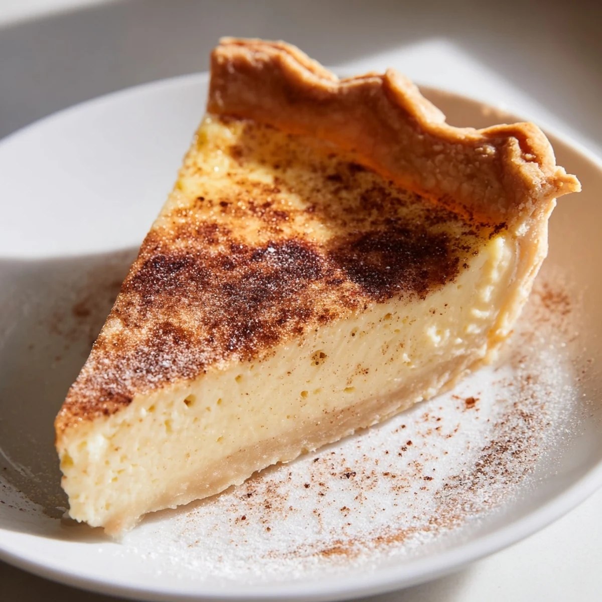 Warmly spiced Christmas Eve Custard Pie With Cinnamon Vanilla, served with whipped cream