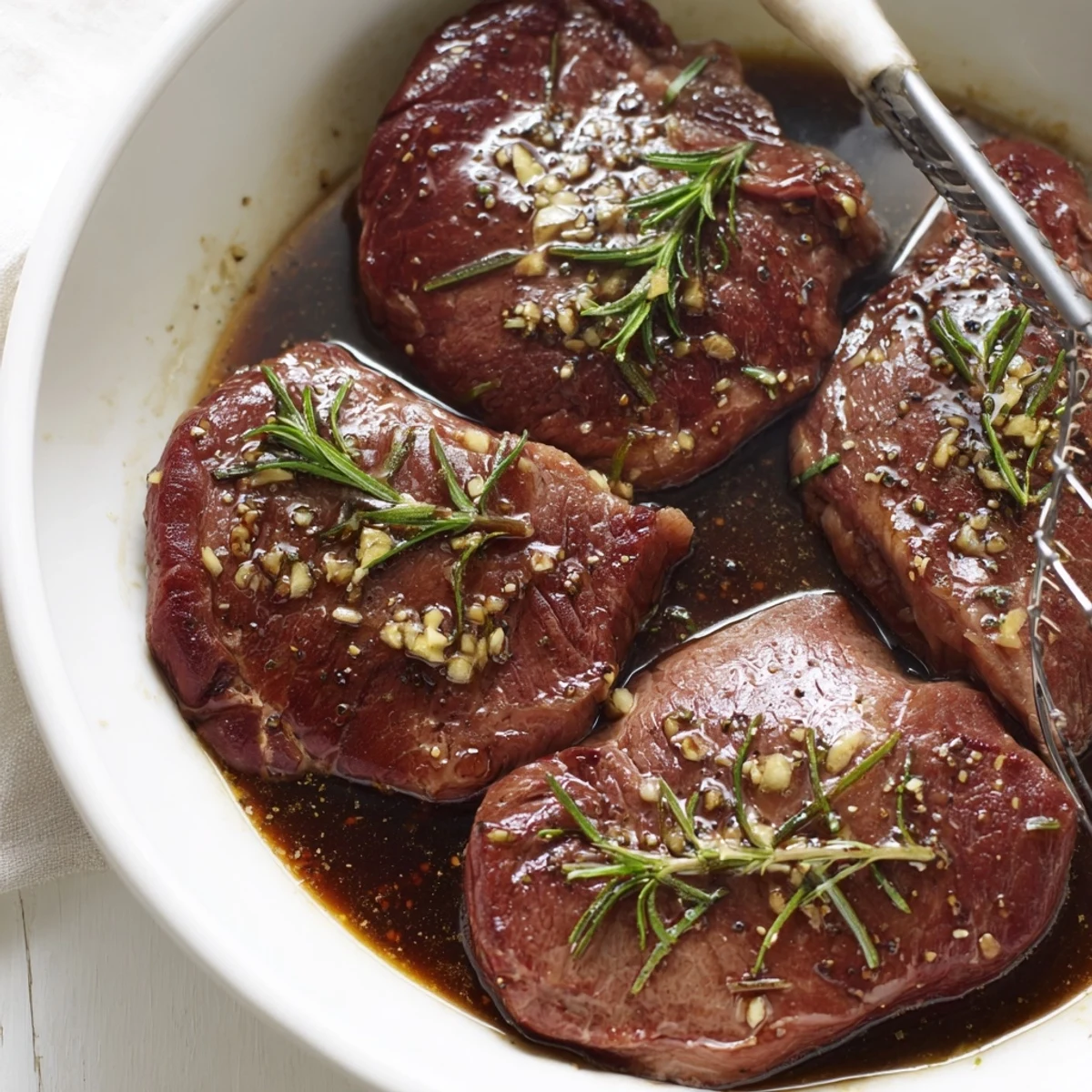 Steak Marinade glistening on raw flank steaks, garlic aroma and herb flecks