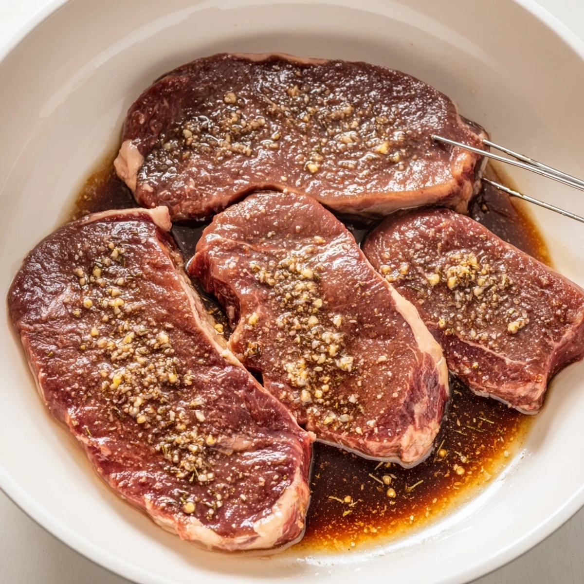 Steak Marinade coating ribeyes, tangy balsamic and lemon, peppery rosemary scent