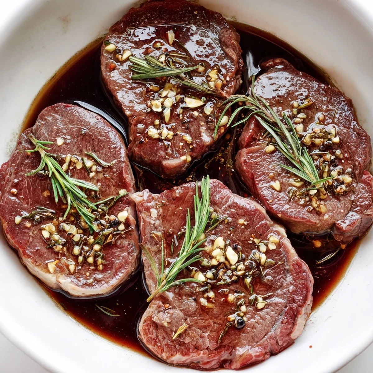 Overnight Steak Marinade infusing steaks with savory, slightly sweet, ready-to-grill flavors