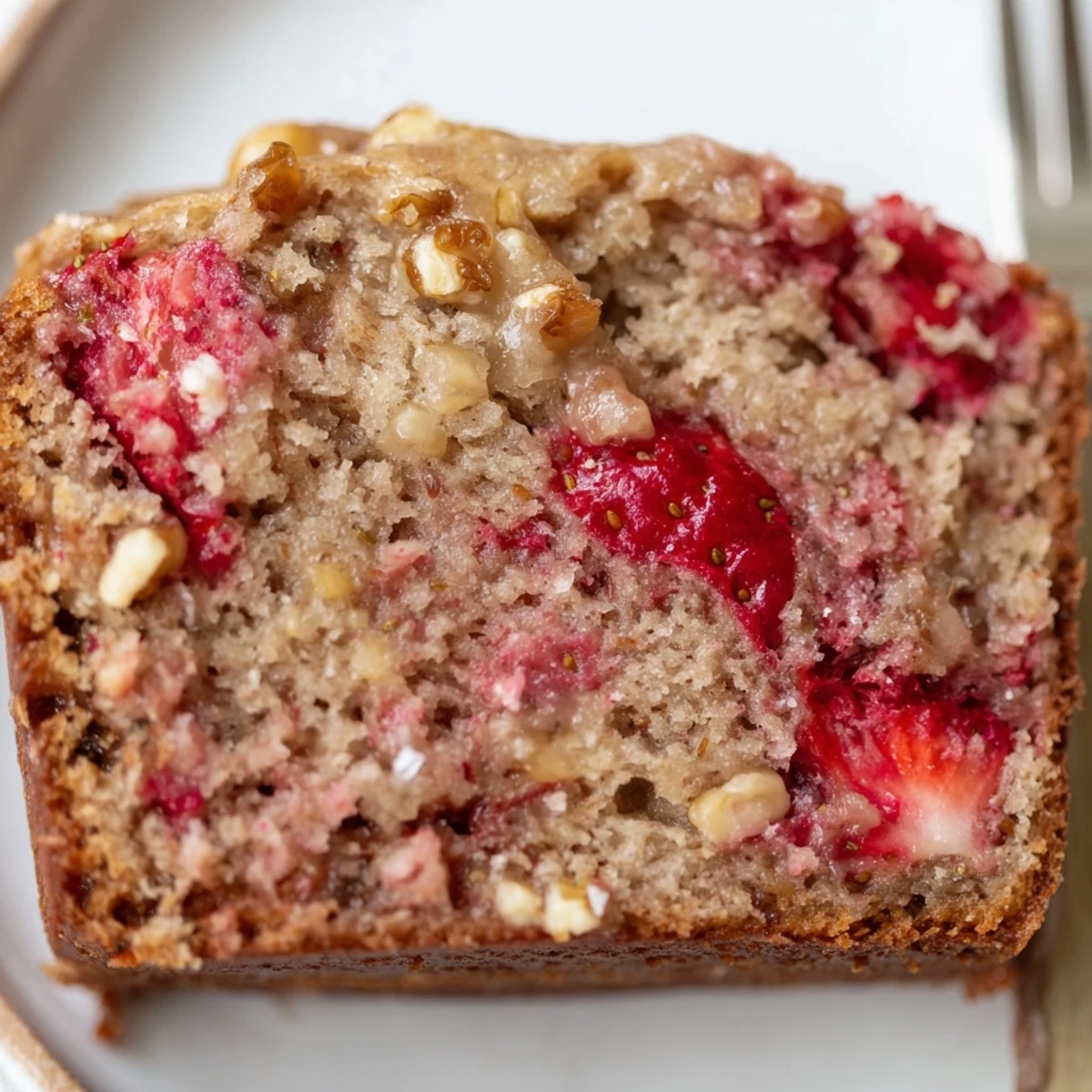 A warm Strawberry Banana Bread Recipe cooling on a rack, strawberries glistening.