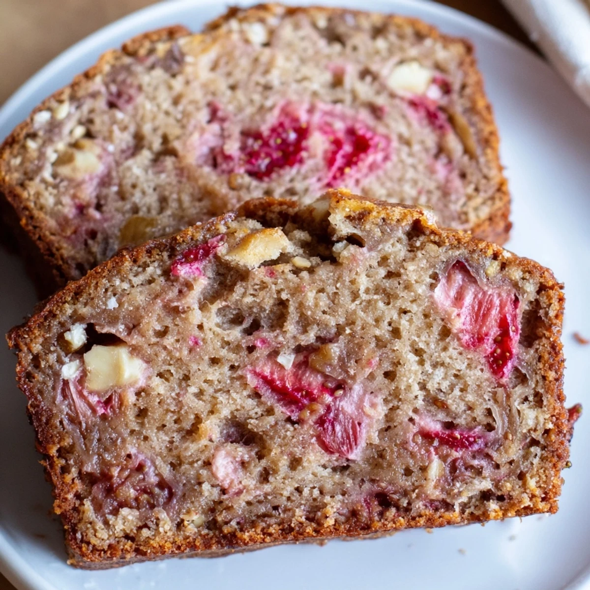 Slice of Strawberry Banana Bread Recipe served warm with melting butter.