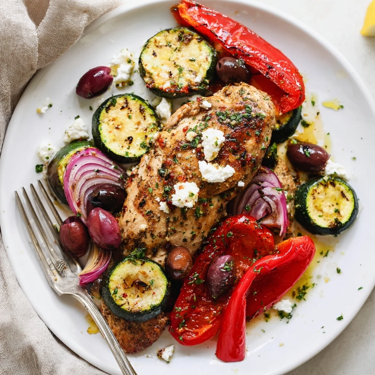 Sheet Pan Mediterranean Chicken Zucchini roasted until golden, smelling lemony and herbaceous.