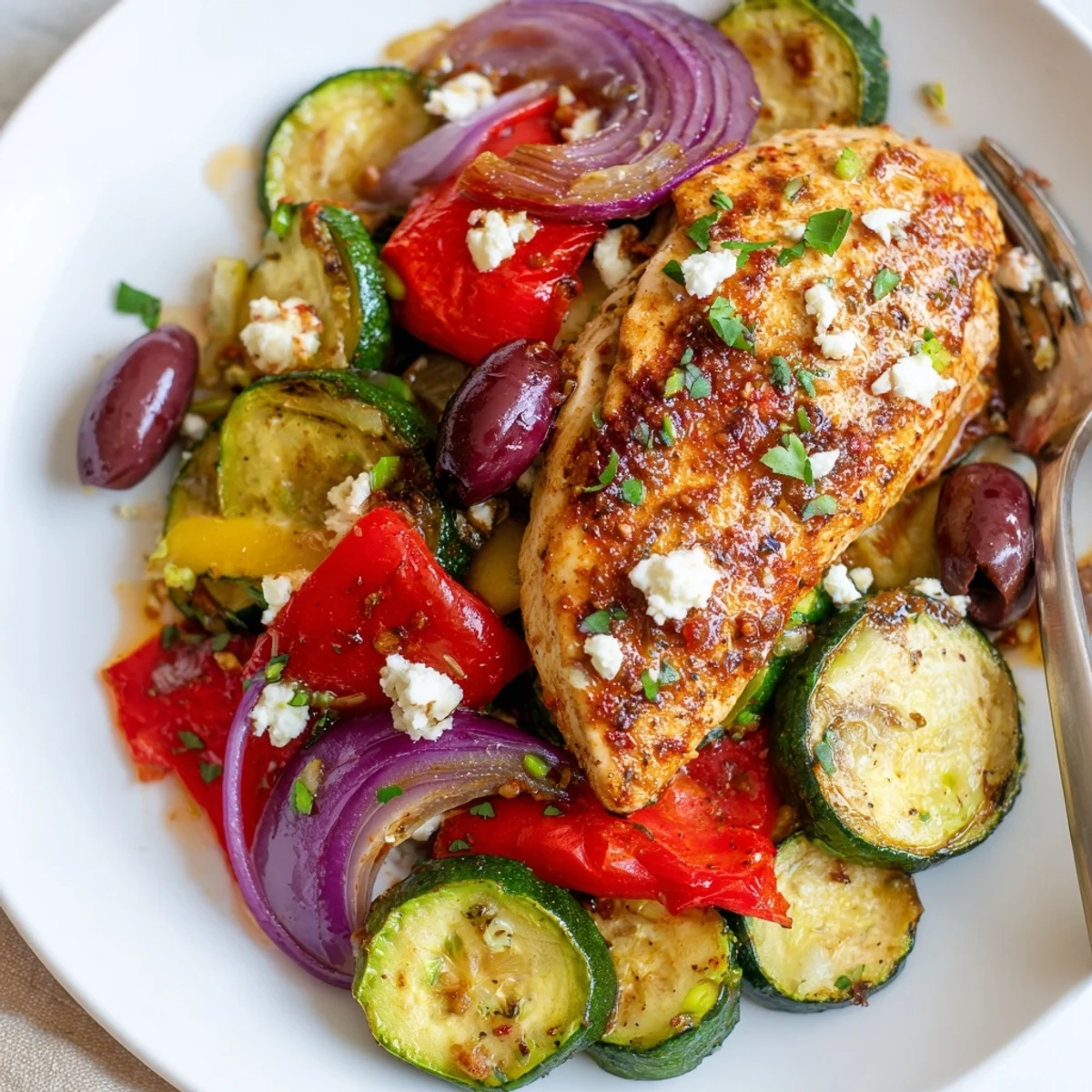 Oven-baked Sheet Pan Mediterranean Chicken Zucchini served piping hot with pan juices.