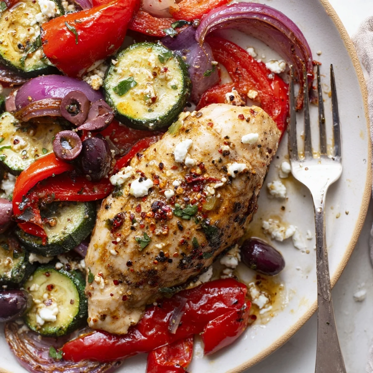 Sheet Pan Mediterranean Chicken Zucchini finished with crumbled feta, olives, and fresh parsley.