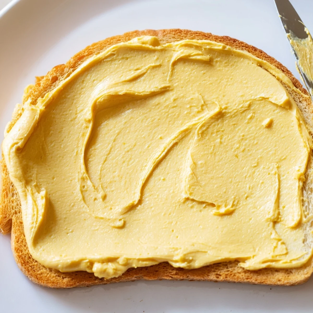 Golden homemade vegan dairy free butter melting over warm stack of fluffy pancakes