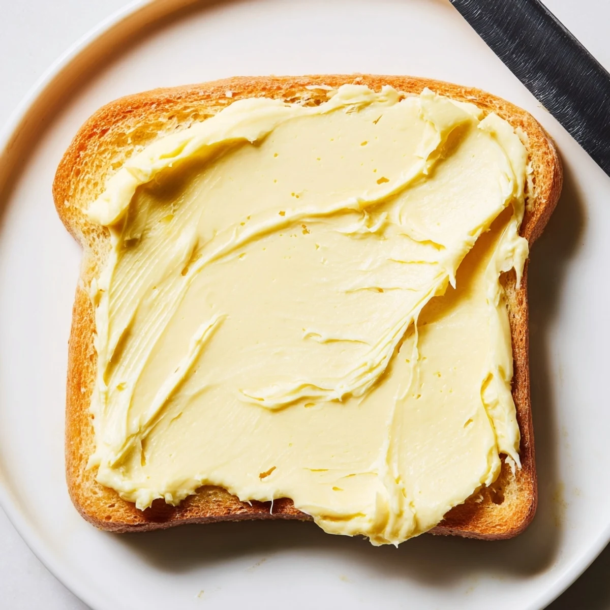 Creamy vegan dairy free butter spread generously on toasted sourdough bread slice