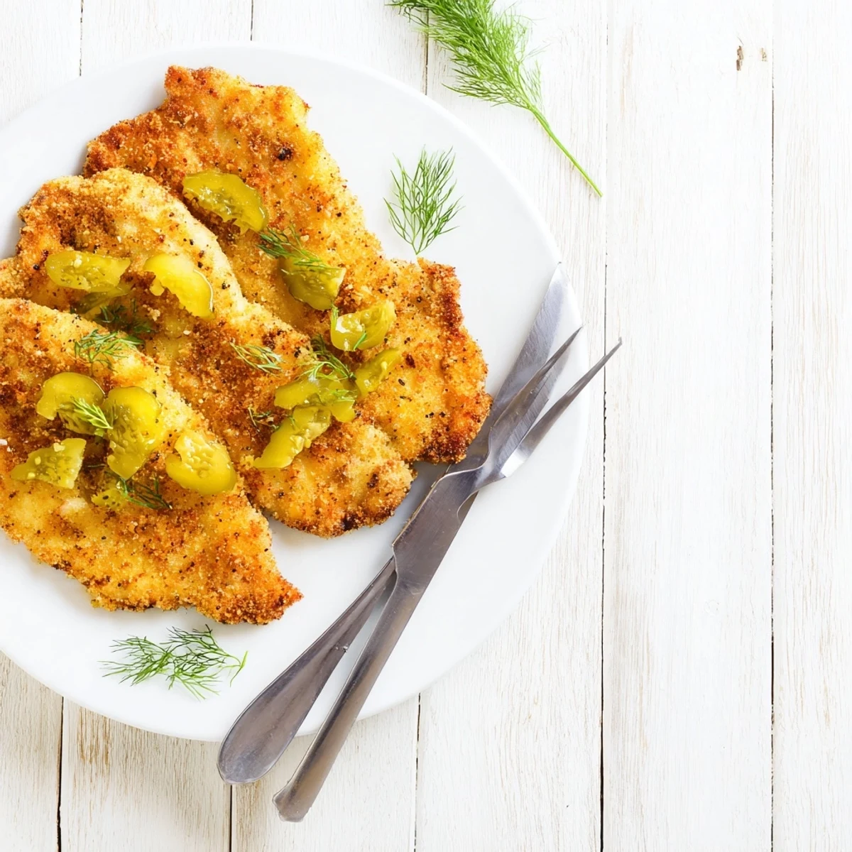 Golden brown crispy dill pickle chicken rests on a wire rack garnished with fresh pickles