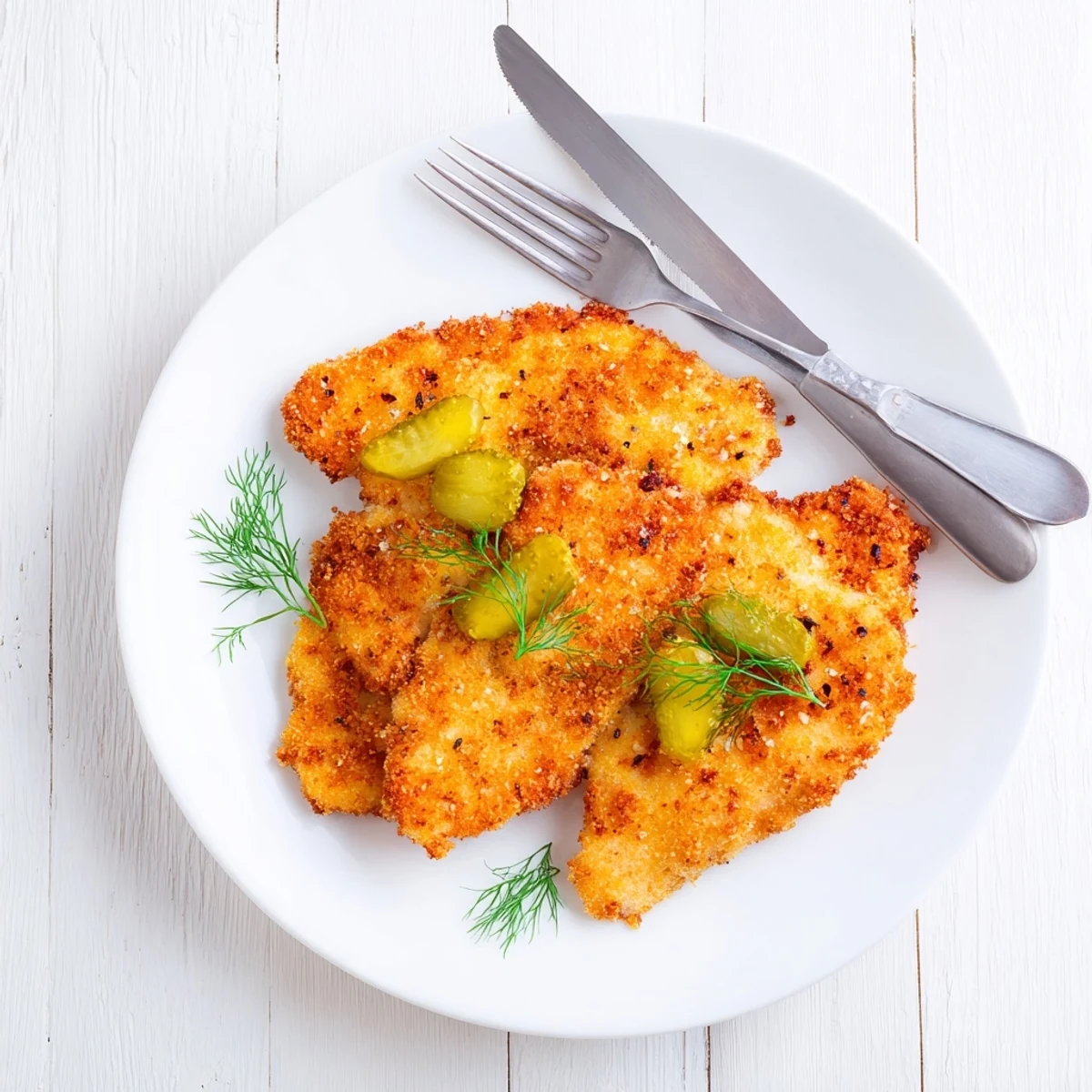 Close-up of golden crispy dill pickle chicken with tangy pickle brine marinade visible