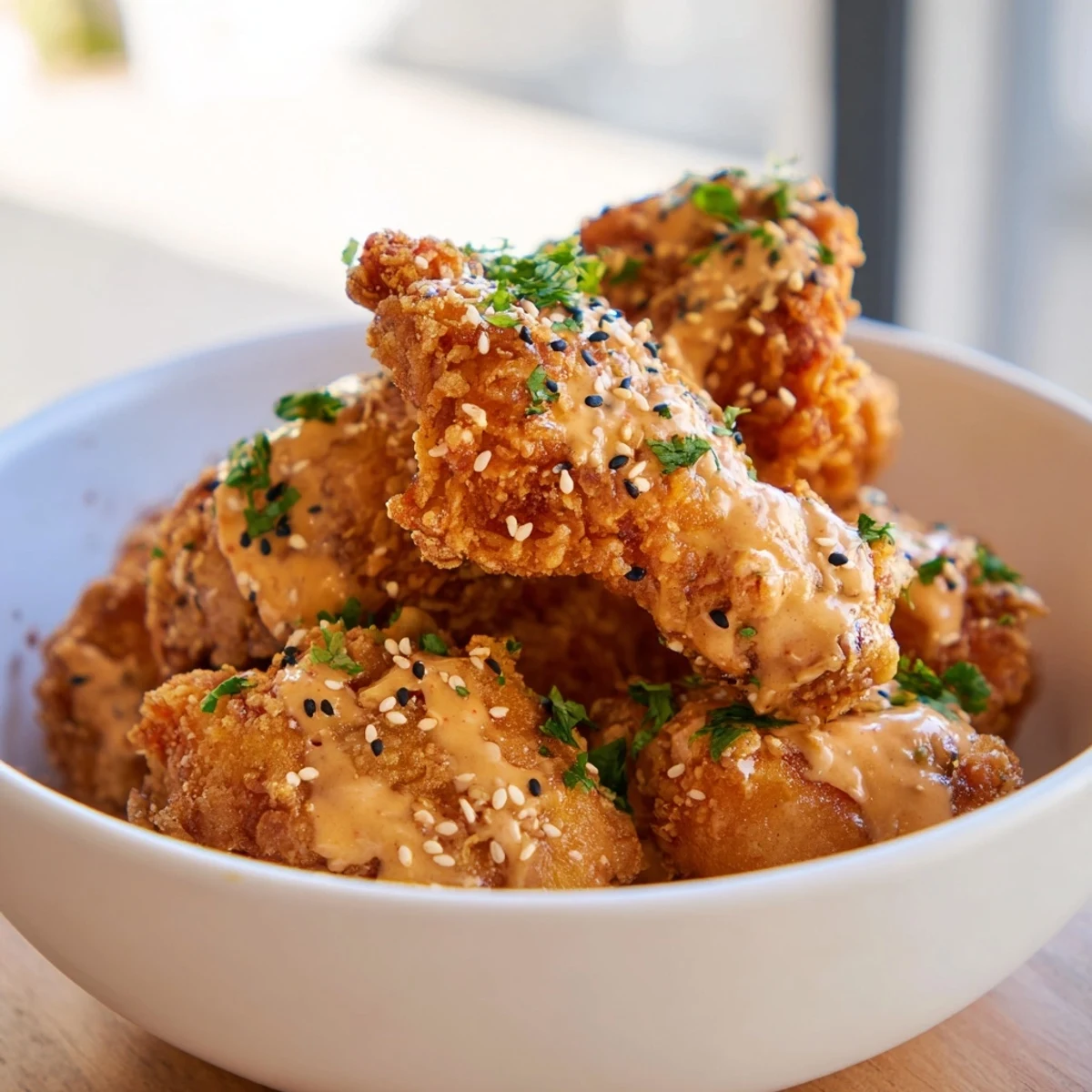Golden crispy chicken tossed in spicy bang bang sauce over fluffy jasmine rice with fresh colorful vegetables