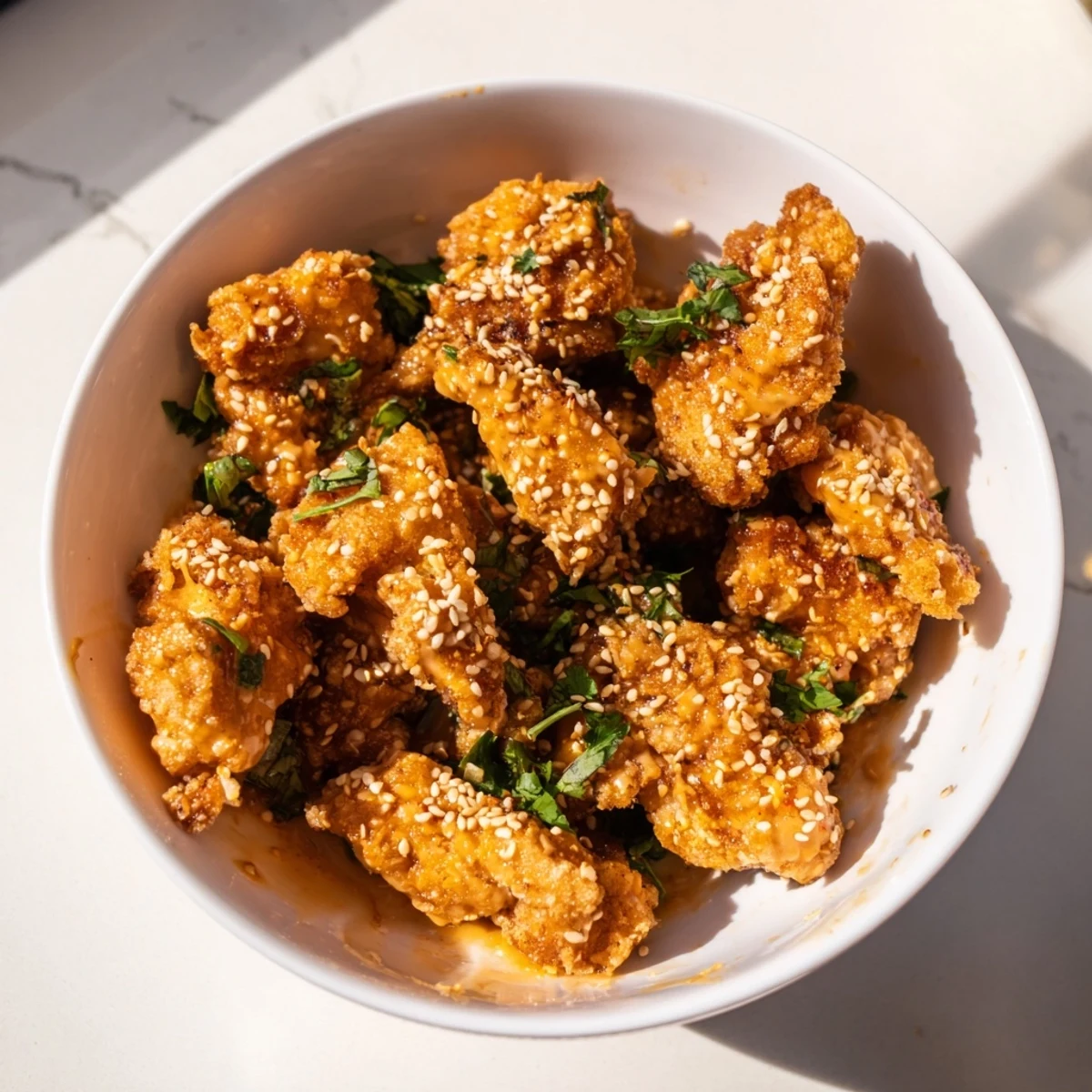 Crispy fried chicken pieces coated in sweet spicy bang bang sauce served with rice and crisp veggie toppings