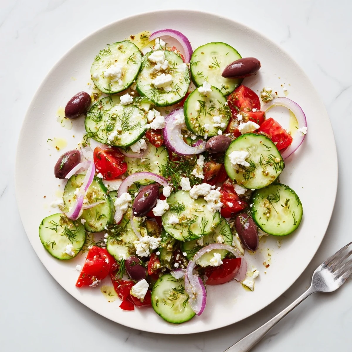 Colorful Mediterranean cucumber salad recipe featuring cherry tomatoes, olives, and crumbled feta on white plate
