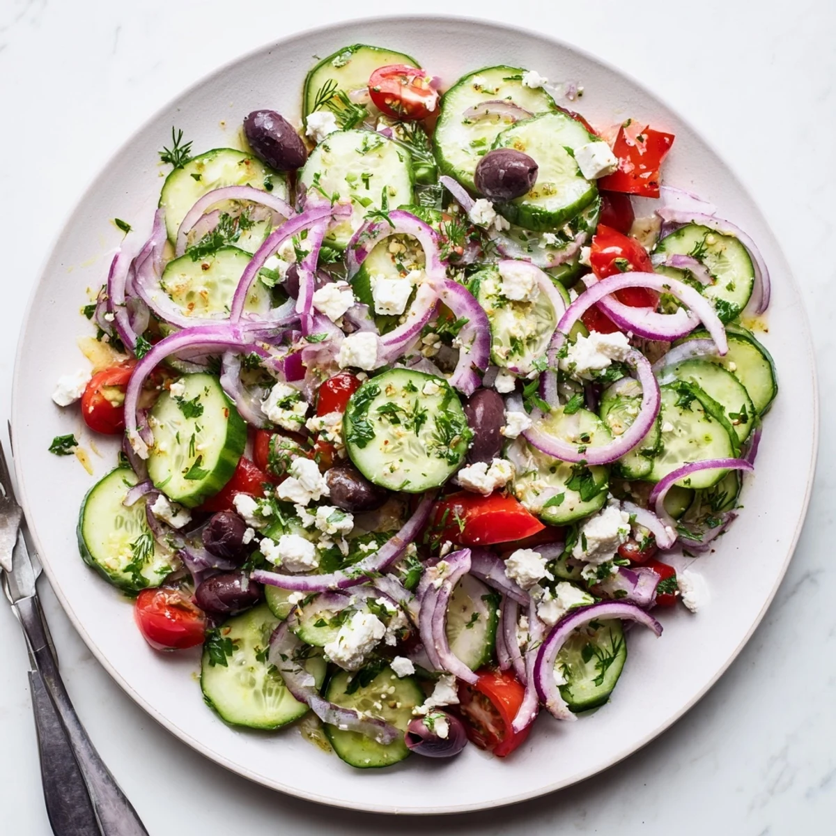 Vibrant Mediterranean cucumber salad with diced red bell pepper, Kalamata olives, and fresh herb drizzle