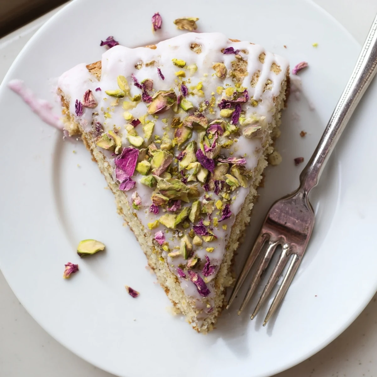 Golden Persian love cake almond slice drizzled with rosewater icing and crushed pistachios
