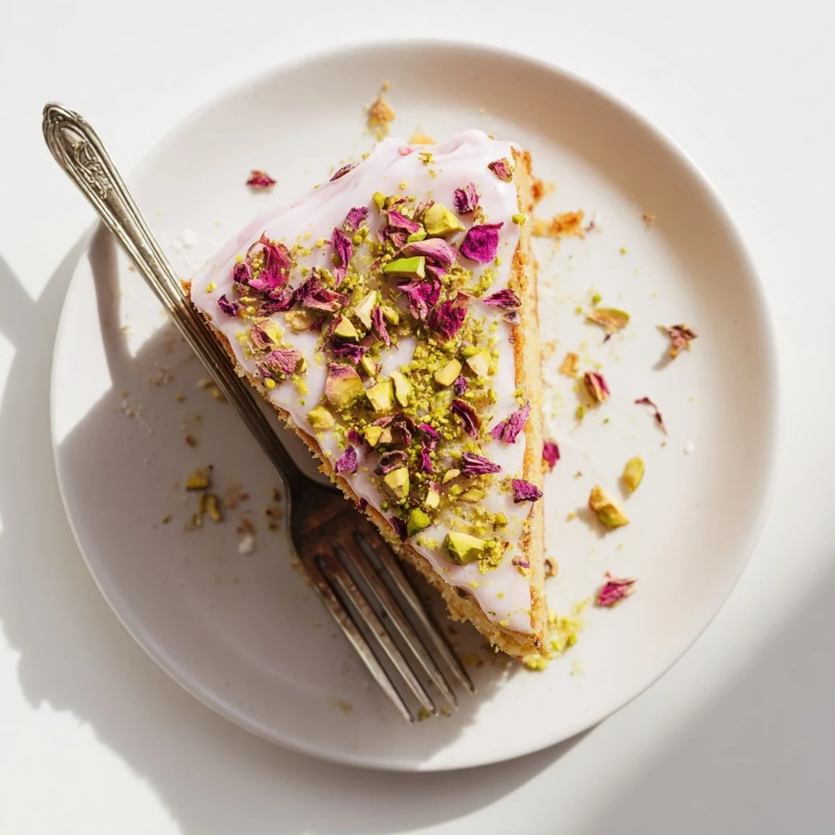 Moist almond cake infused with cardamom and topped with fragrant rosewater glaze and nuts