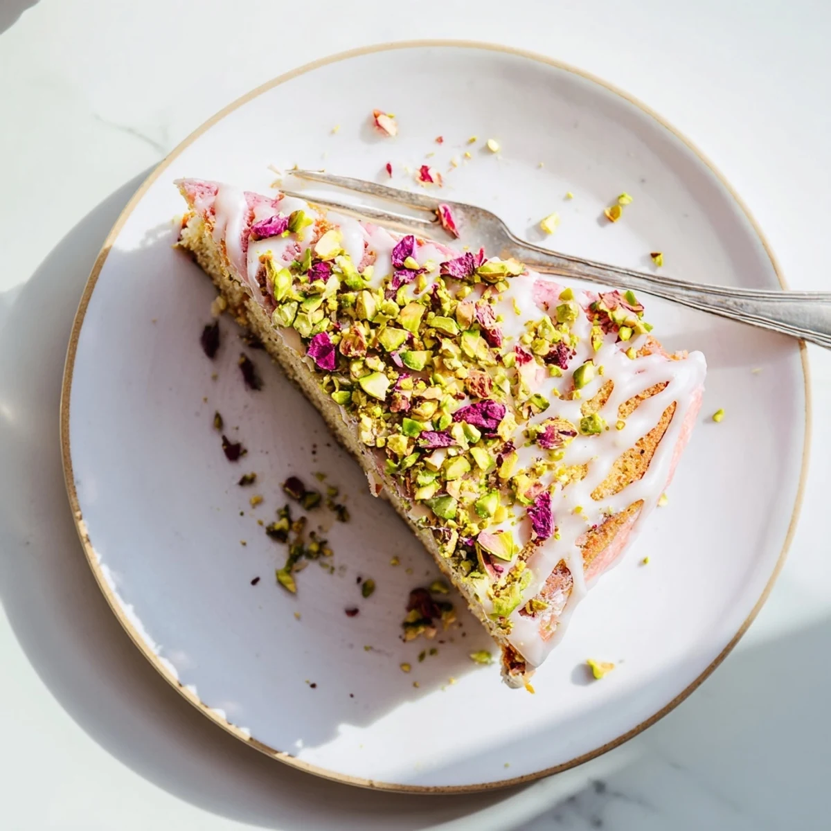 Persian love cake almond dessert with rosewater frosting and garnished with bright green pistachios