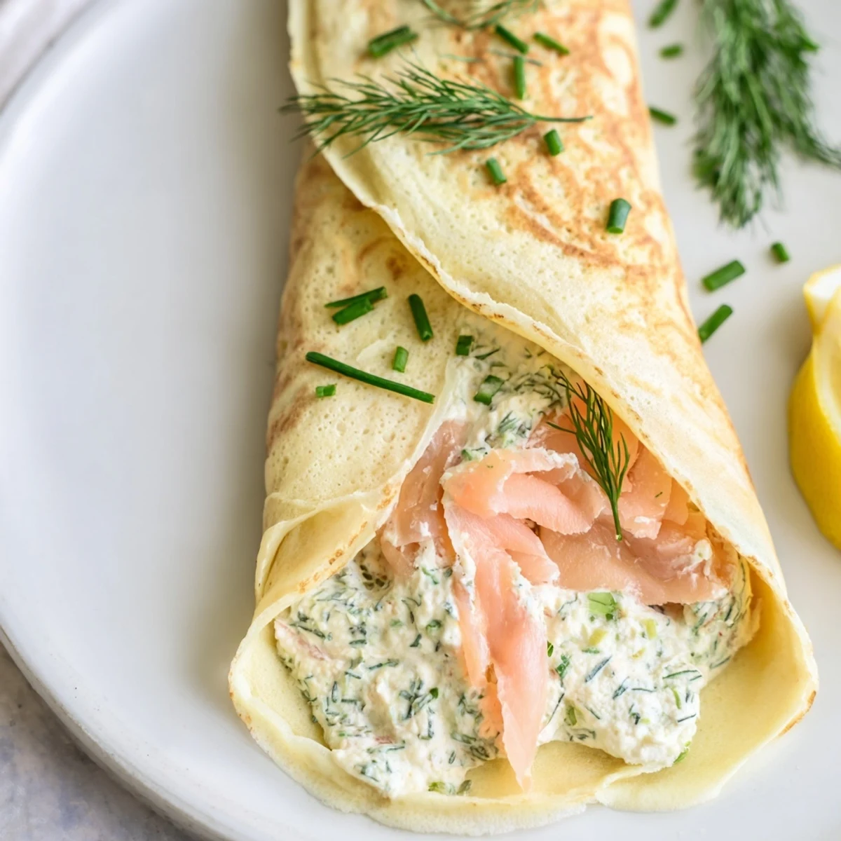 Golden rolled crepes filled with creamy herbed cheese and delicate slices of smoked salmon
