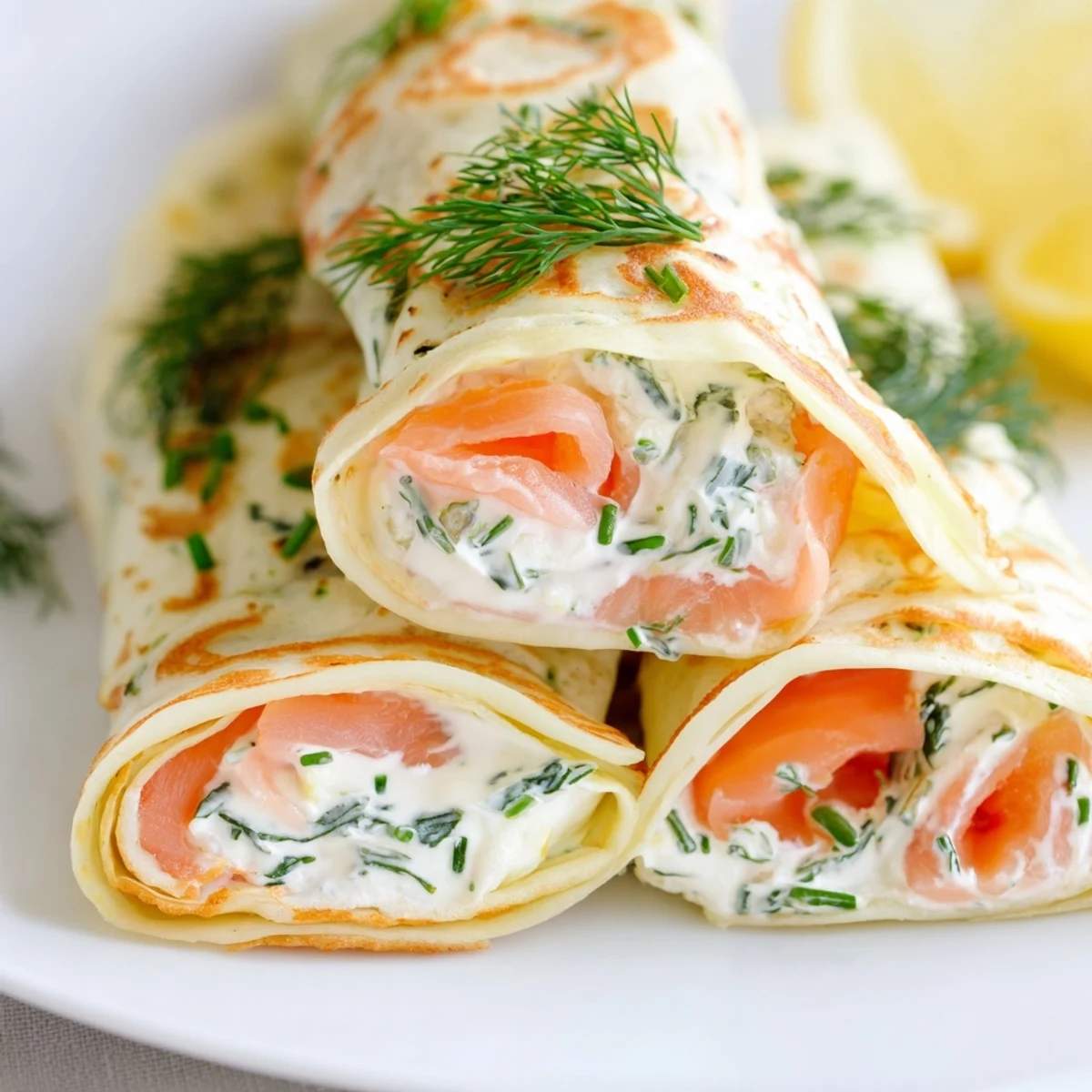 Thin French crepes wrapped around silky smoked salmon with fresh dill and chive garnish