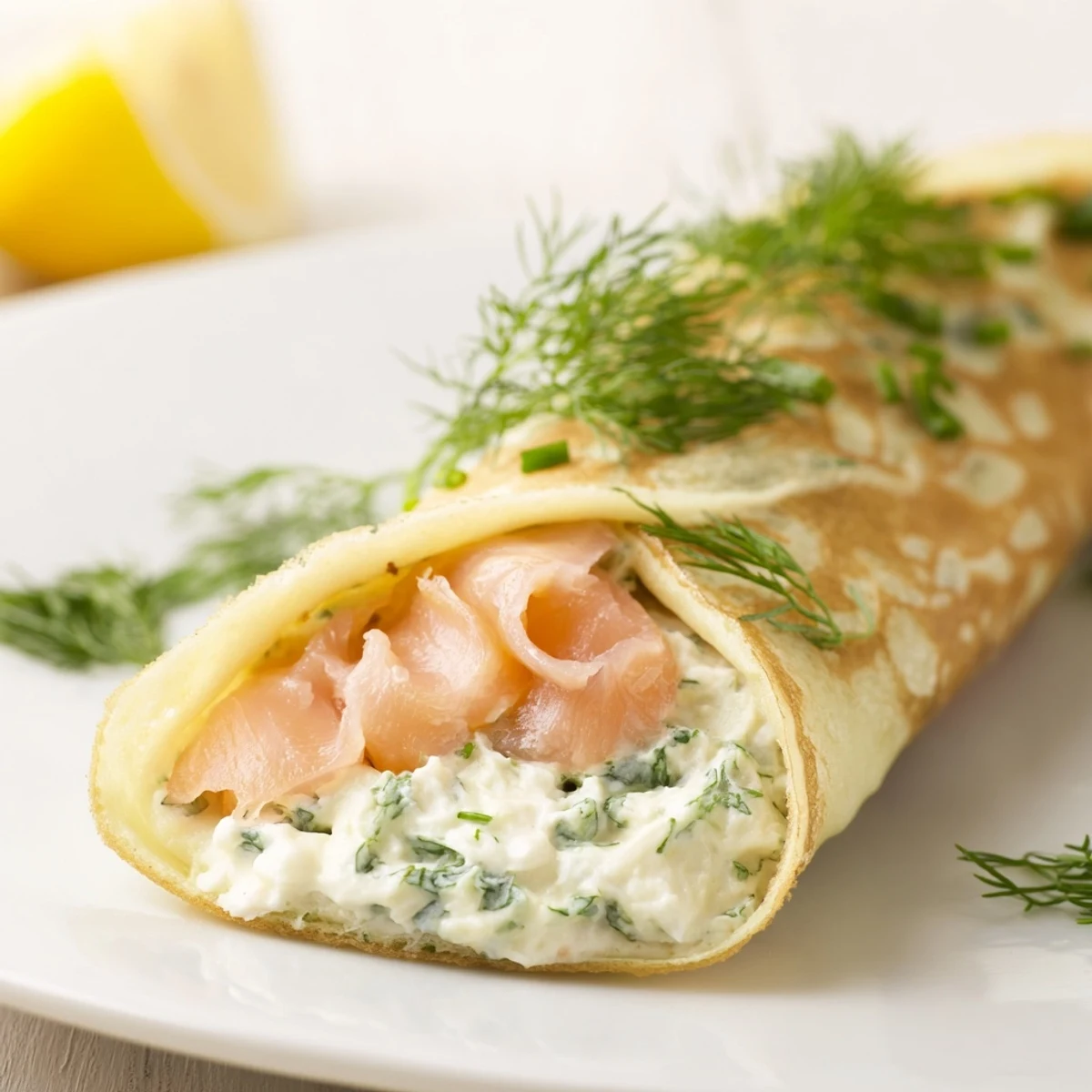 Elegant brunch plate featuring smoked salmon crepes rolled with lemony cream cheese filling