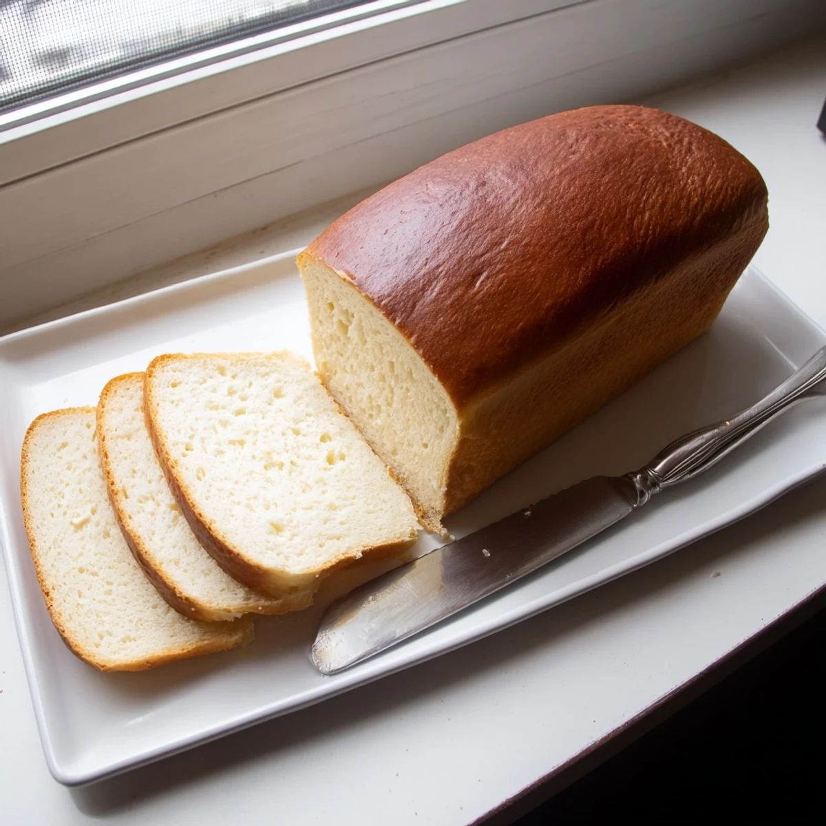 Golden brown cottage cheese loaf bread sliced on a wooden cutting board with melted butter