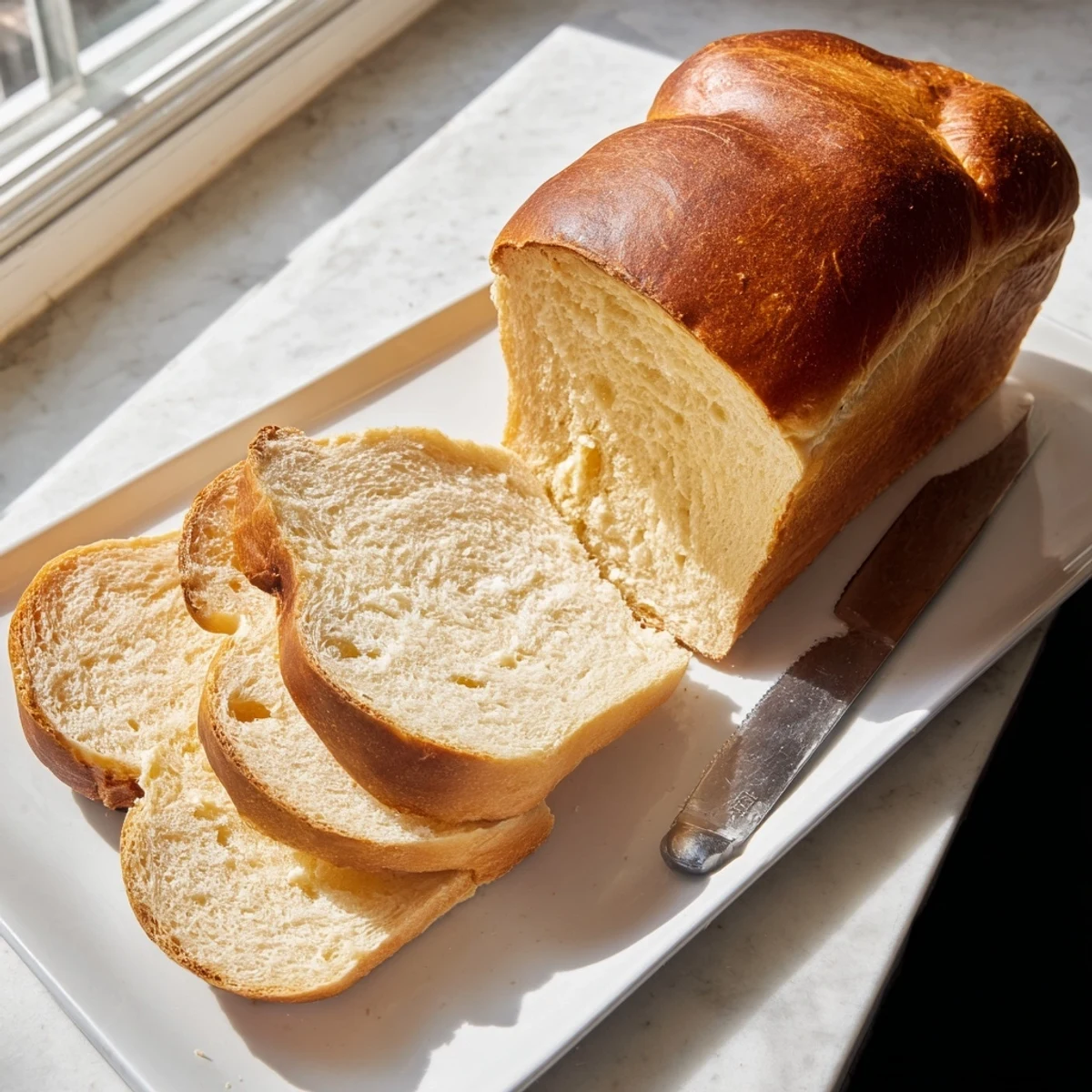 Tender slices of cottage cheese loaf bread arranged on a serving plate for breakfast