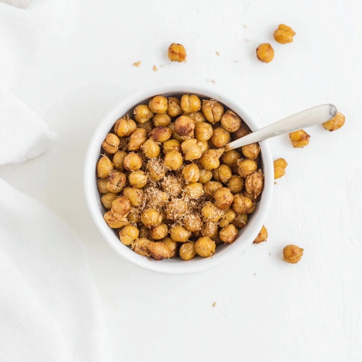 Crunchy cinnamon roasted chickpeas spilling from a white ceramic bowl with a cinnamon stick garnish