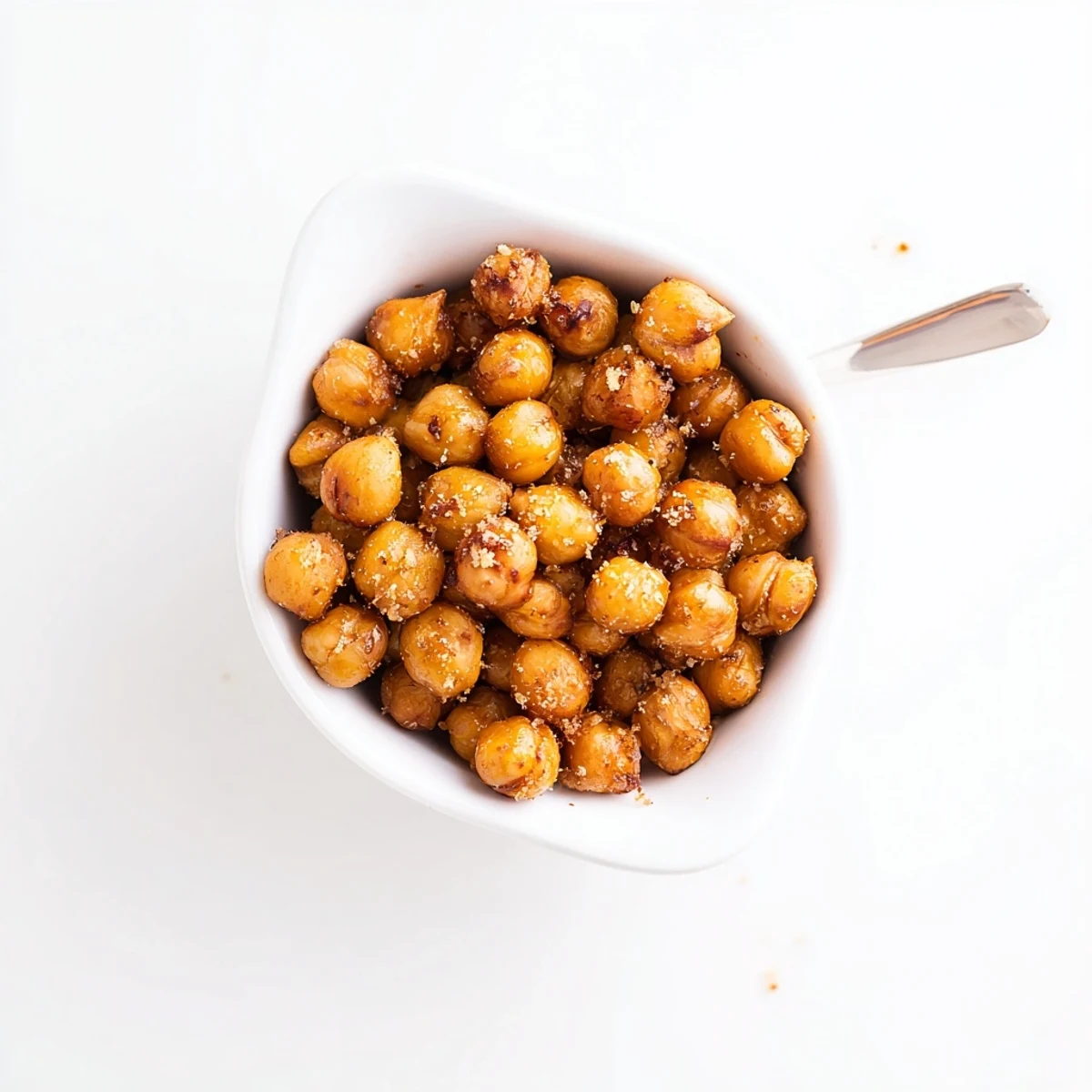 Golden brown cinnamon roasted chickpeas scattered on a rustic wooden board with a small dipping bowl