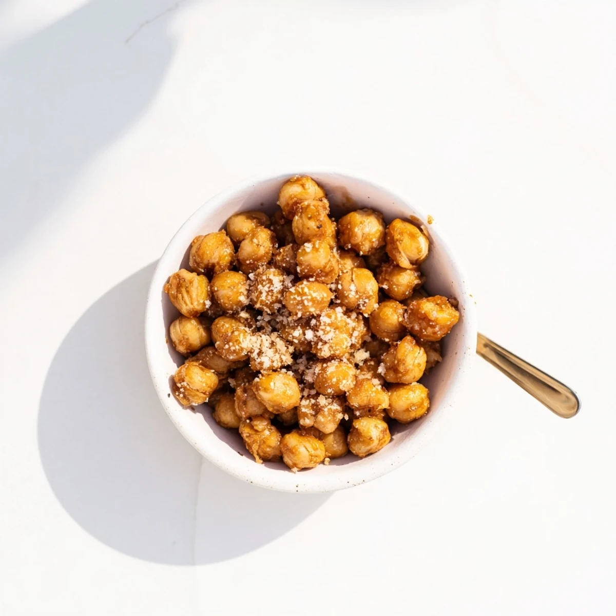 Close up of perfectly spiced cinnamon roasted chickpeas showing their crispy golden brown textured surface