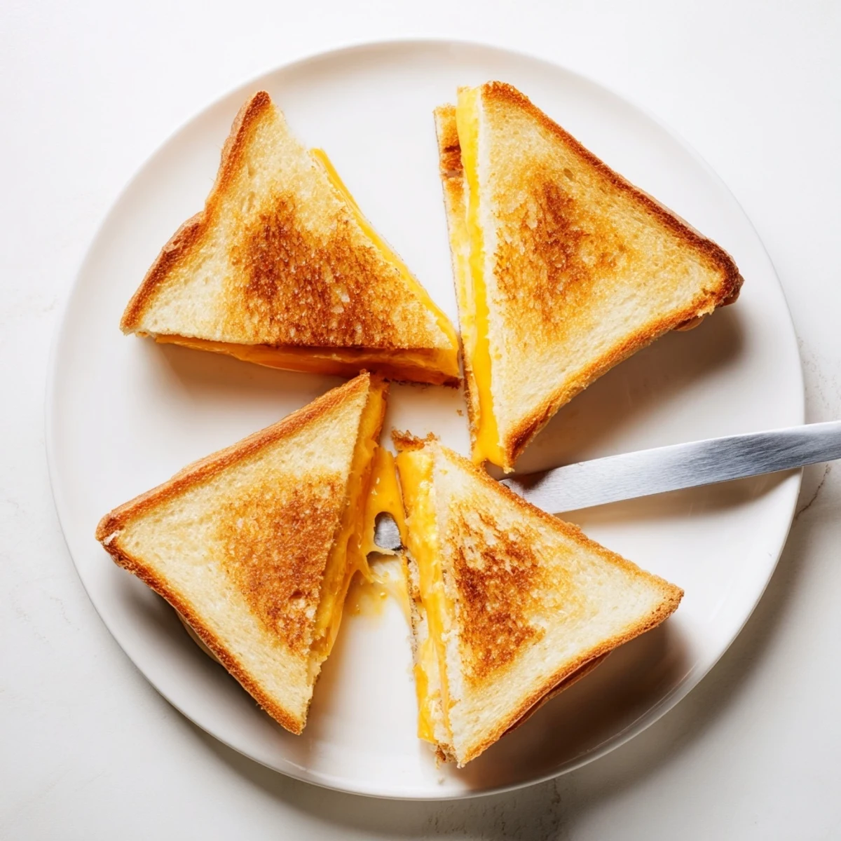 Golden brown grilled cheese sandwich with melted cheddar oozing between buttery toasted bread slices