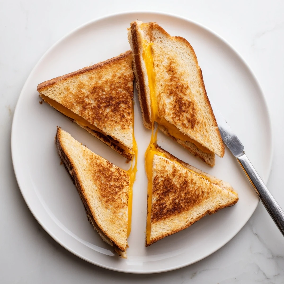 Crispy grilled cheese cut into triangles displaying gooey cheese and golden crust on white plate