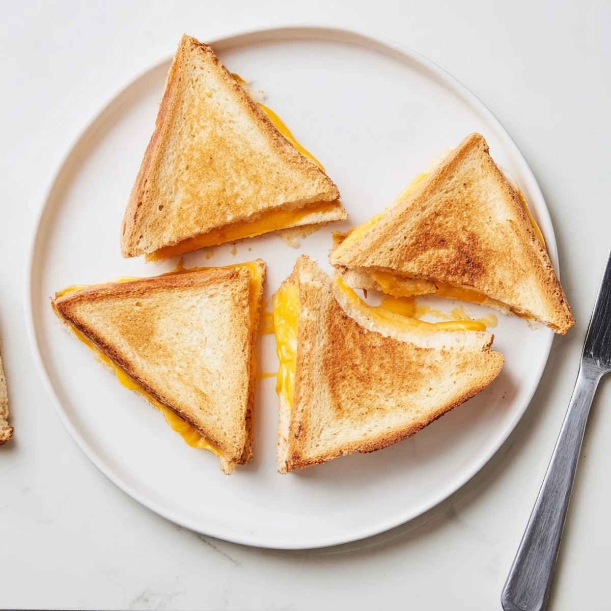 Classic grilled cheese sandwich showing perfectly melted cheese center with buttery crunch and crisp edges