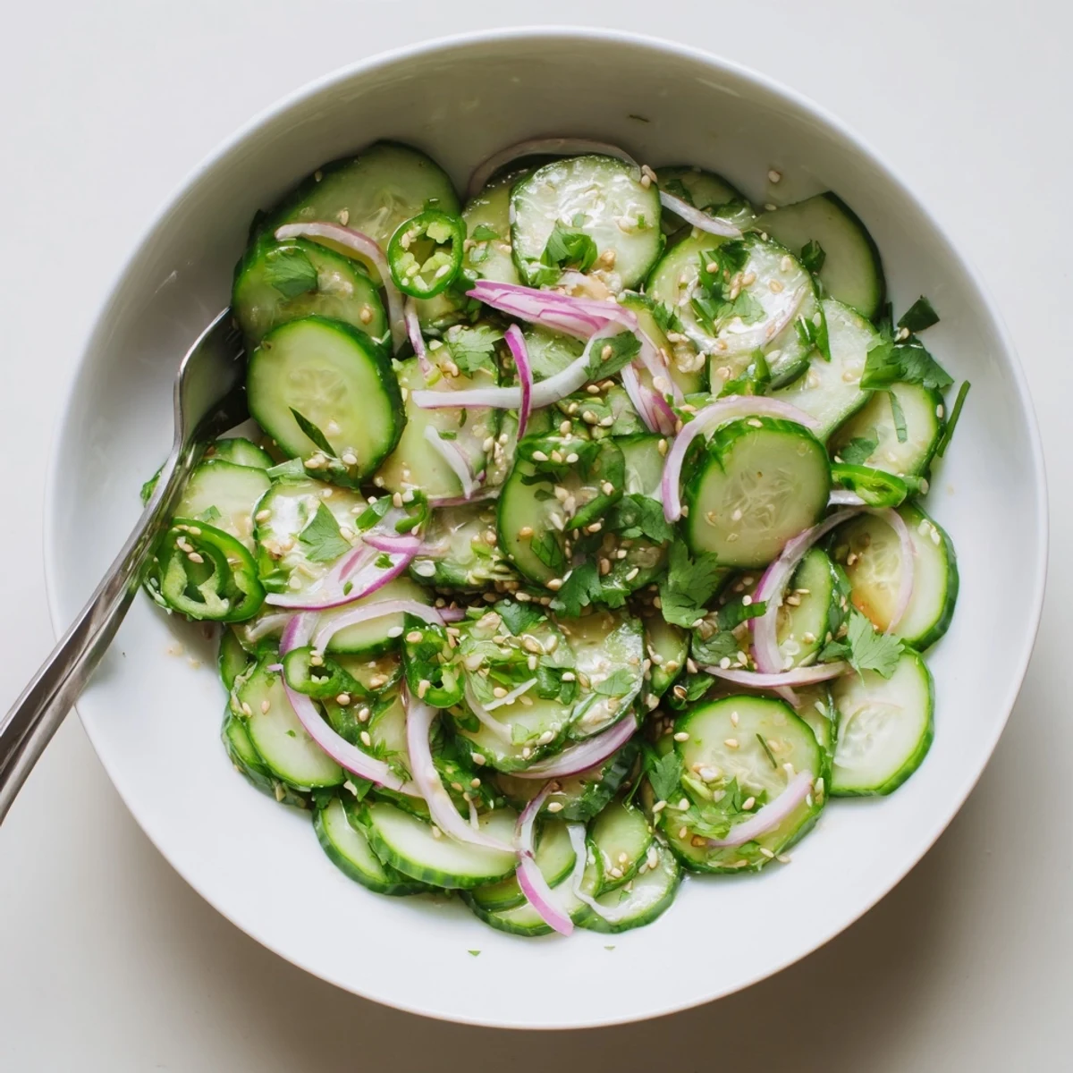 Colorful bowl of Honey Lime Cucumber Salad tossed in bright citrus dressing and garnished with red onion.