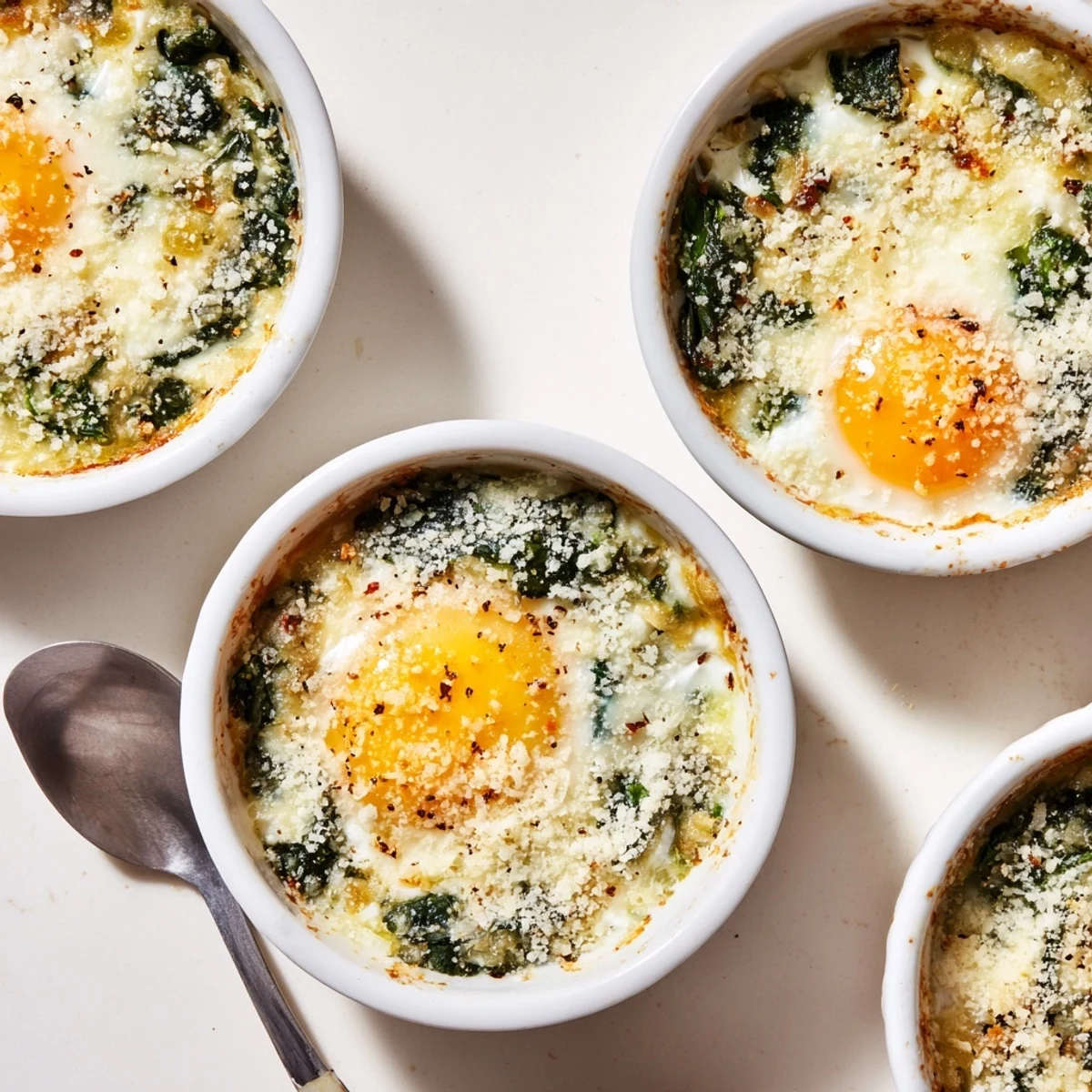 Golden Parmesan topped baked eggs with wilted spinach in individual ramekins, sprinkled with grated cheese