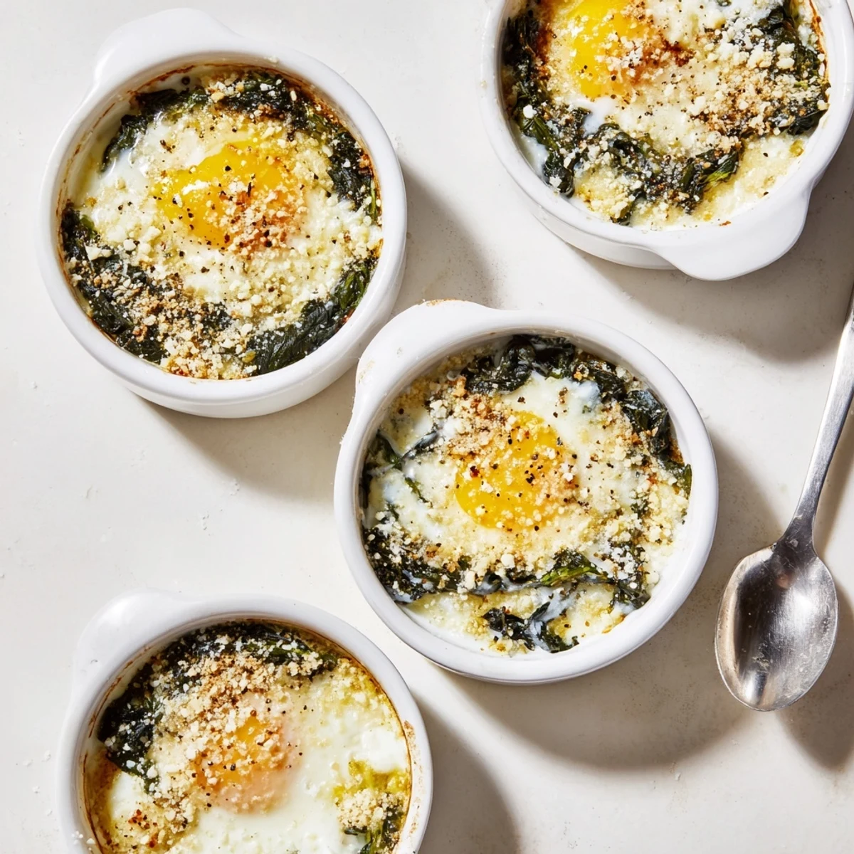 Creamy baked eggs nestled in spinach with grated Parmesan, served hot from the oven with golden edges