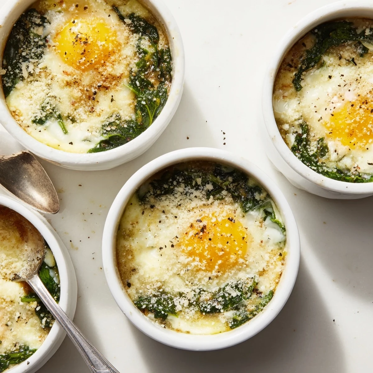Savory Italian baked eggs spinach Parmesan dish with golden bubbly cheese crust and tender wilted greens