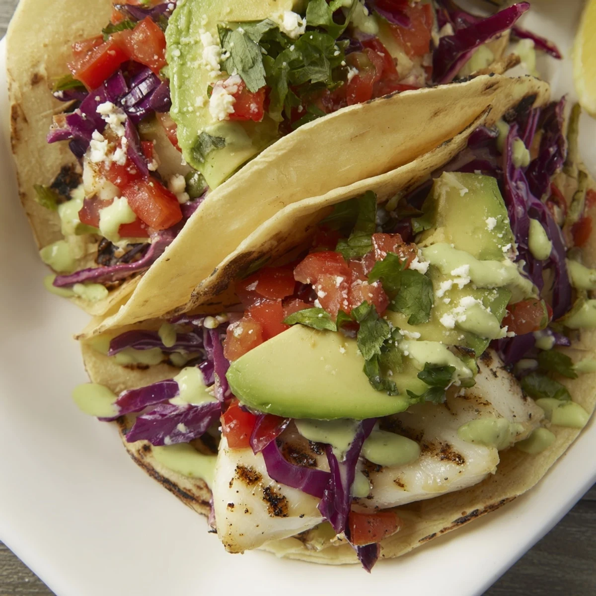 Golden grilled fish flakes nestled in warm corn tortillas with fresh cilantro and vibrant red cabbage for these Grilled Fish Cilantro Tacos