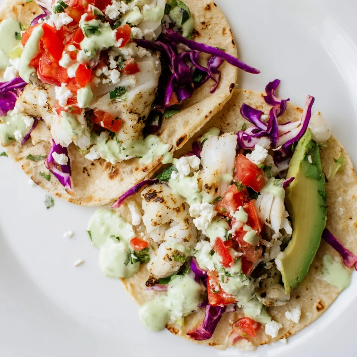 Platter of homemade Grilled Fish Cilantro Tacos loaded with diced tomatoes, shredded cabbage, and tangy lime crema sauce