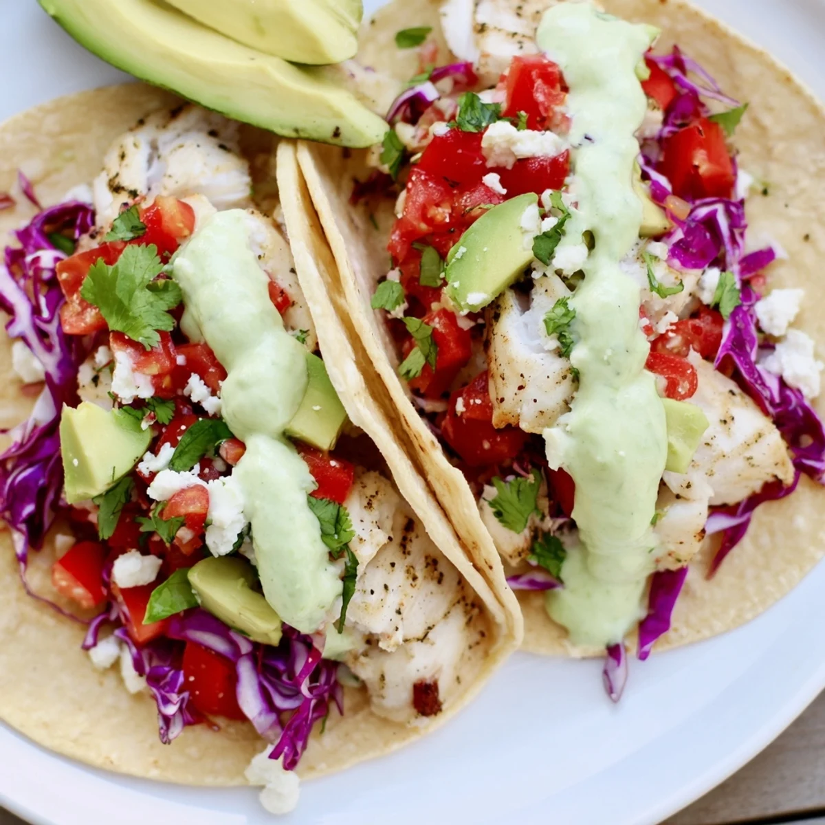Flaky white fish topped with creamy avocado and crumbled cotija cheese inside these zesty Grilled Fish Cilantro Tacos garnished with lime wedges