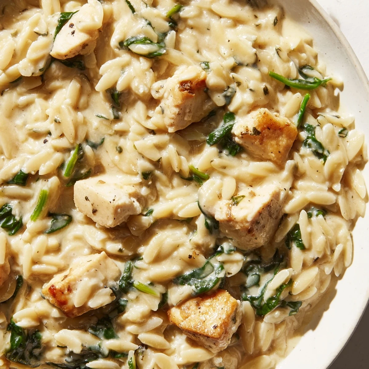 Creamy one pan Boursin chicken orzo with tender chicken pieces and wilted spinach in a rich, cheesy sauce