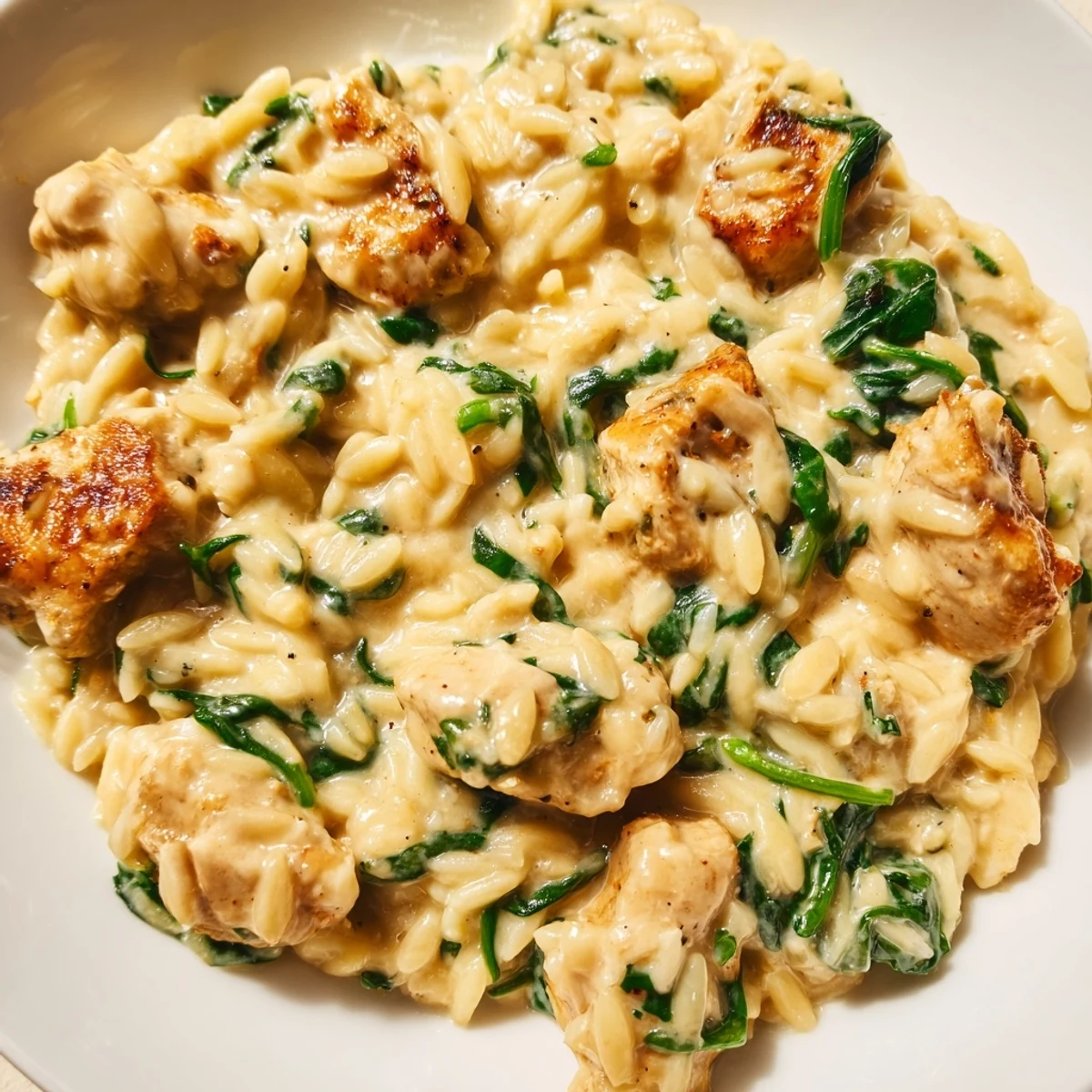 Golden brown chicken simmered with orzo pasta and fresh spinach in this comforting one pan Boursin chicken dish
