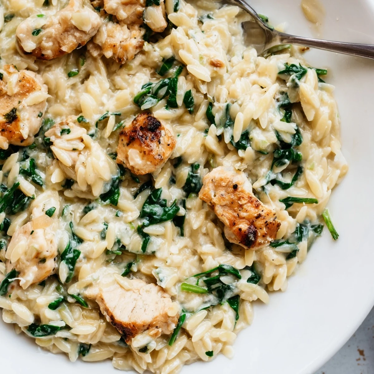 Savory one pan Boursin chicken orzo featuring creamy melted cheese, al dente pasta, and vibrant green spinach
