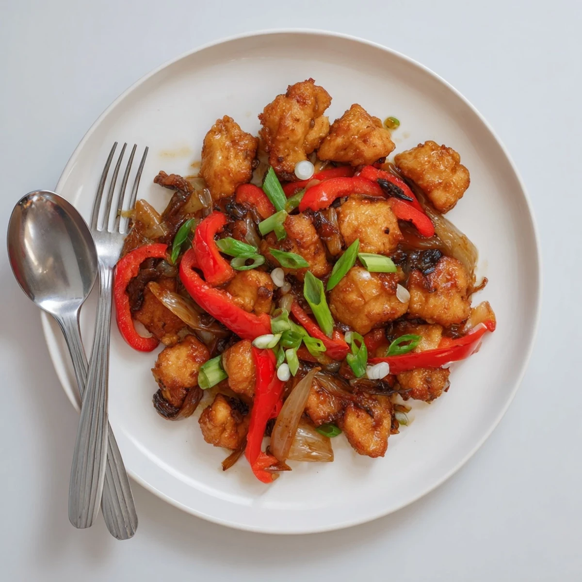 Golden crispy pepper chicken pieces tossed with bell peppers and savory black pepper sauce