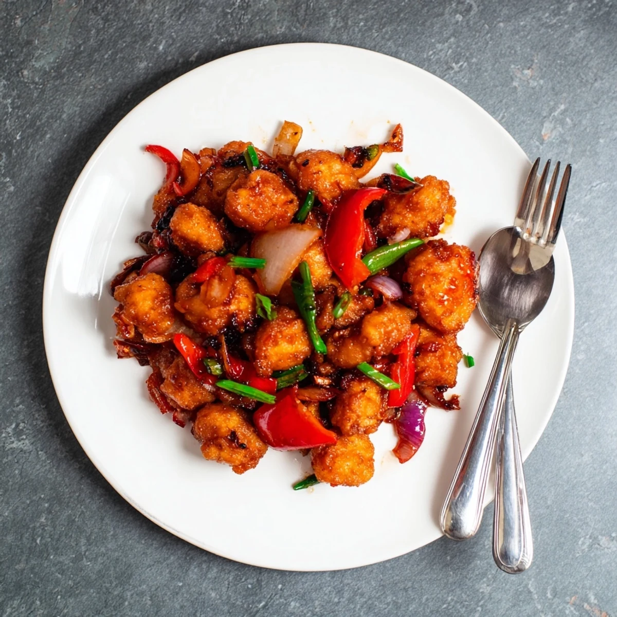 Homemade crispy pepper chicken stir fry plated with fresh green onion garnish and black pepper seasoning