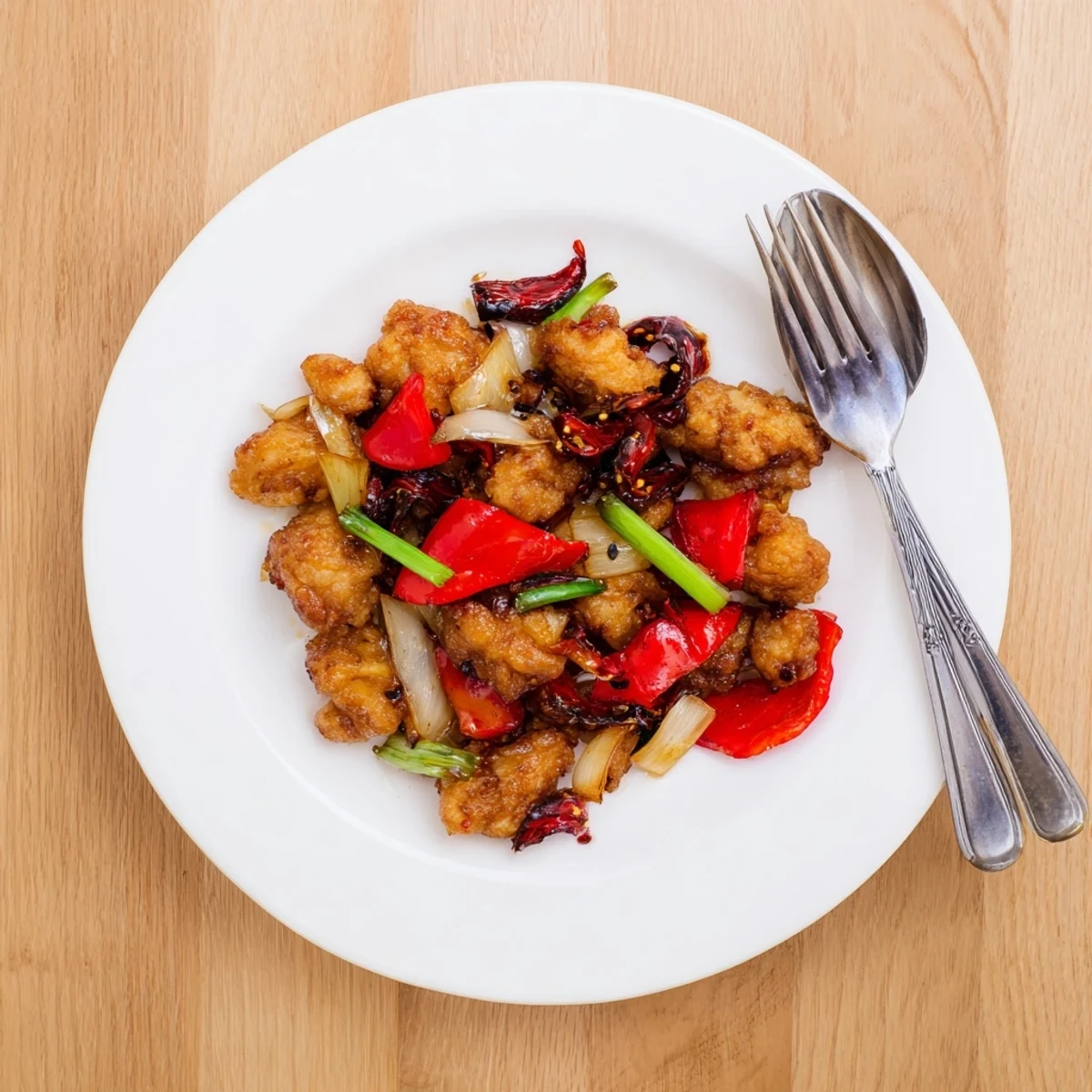 Juicy fried chicken coated in cornstarch and served with caramelized onions and red peppers