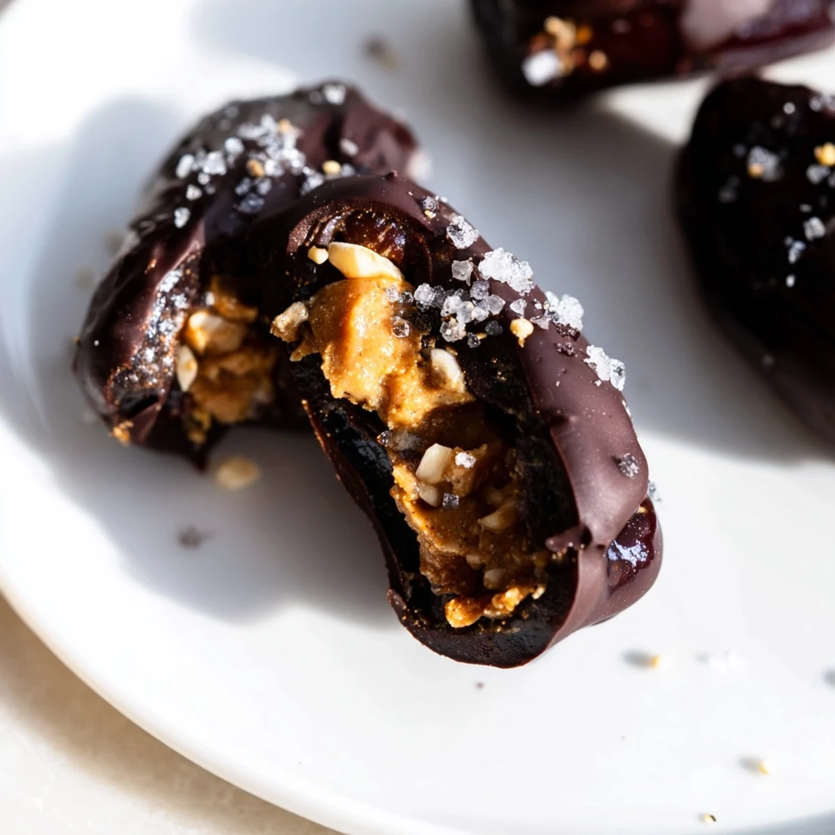 Homemade Stuffed Date Snickers filled with creamy peanut butter and chopped peanuts
