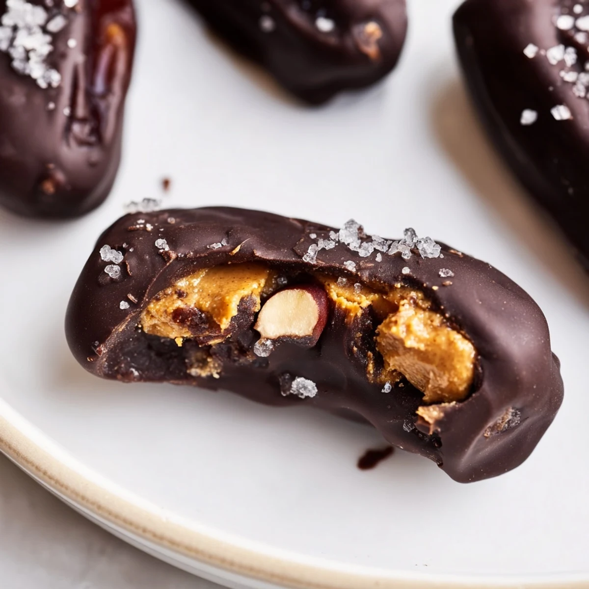Bite-sized Date Snickers candy bars with rich dark chocolate coating and crunchy peanuts