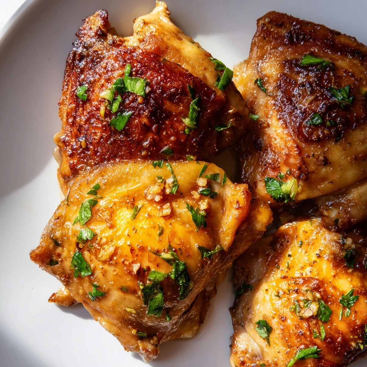 Golden brown Cuban Mojo Chicken thighs with crispy skin and fresh cilantro garnish on a white serving plate