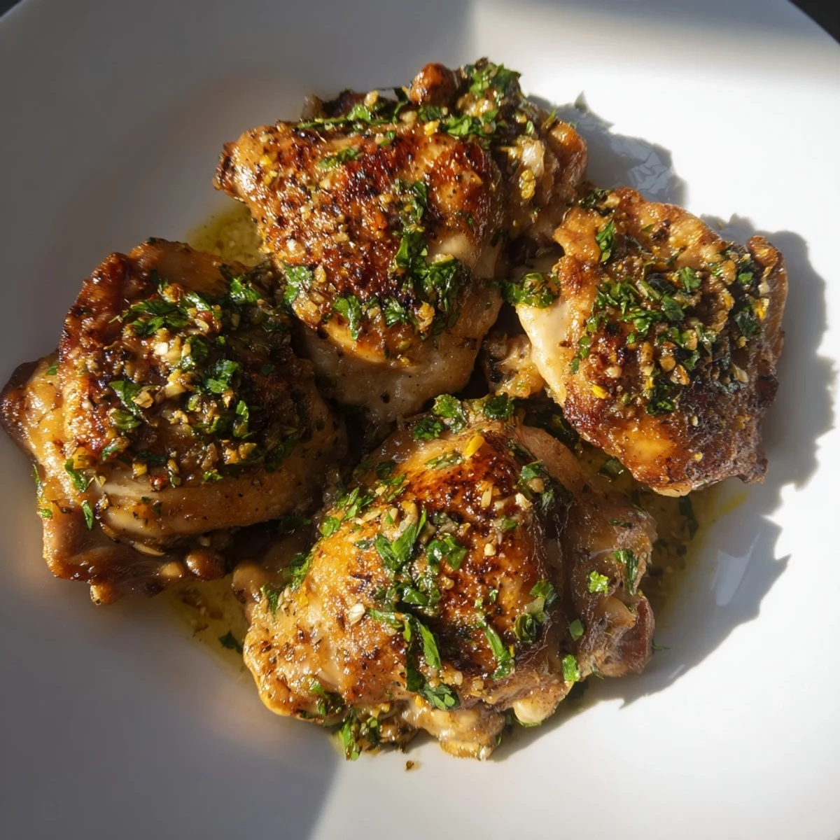 Roasted Cuban Mojo Chicken thighs basted in citrus garlic marinade with lime wedges on the side