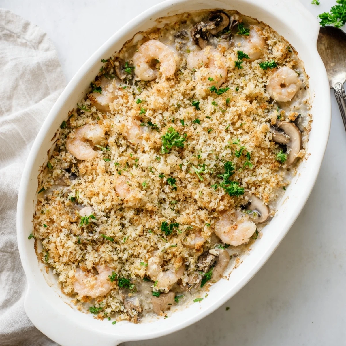 Creamy shrimp mushroom casserole bubbling hot with melted mozzarella and golden brown crust